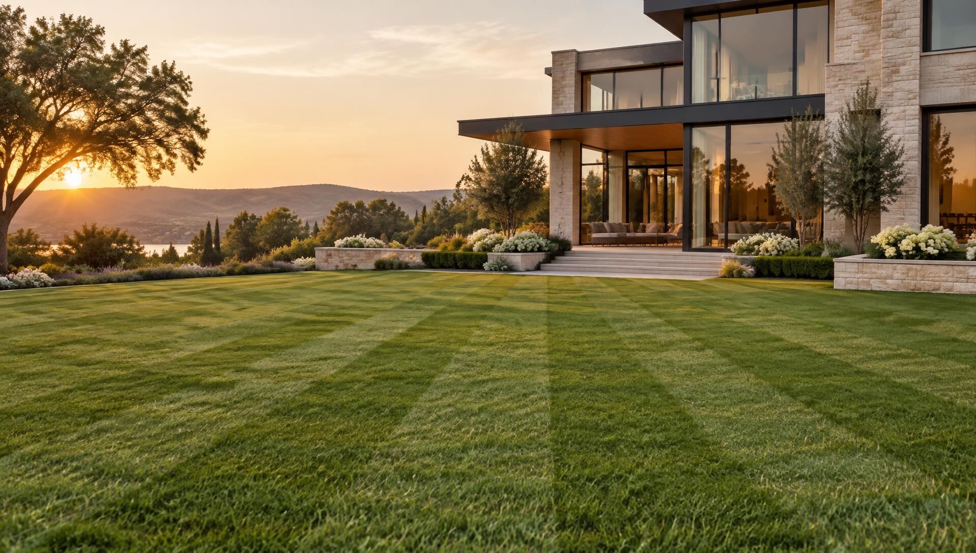 Freshly striped lawn in front of a modern home